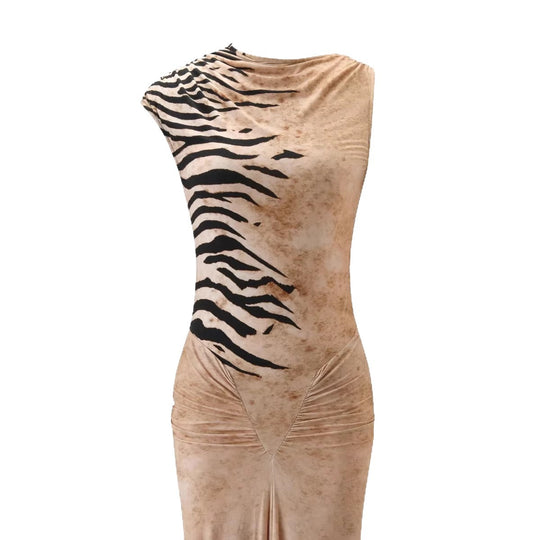 Damen Elegantes Maxikleid mit asymmetrischem Schnitt und Tiermotiv R&B