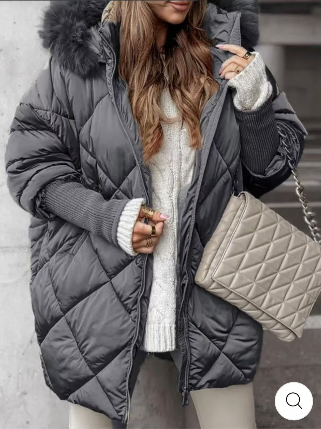 Damen Oversized Steppjacke mit abnehmbarem Kunstfellkragen R&B