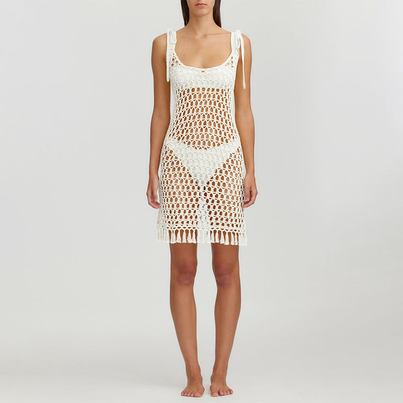Damen transparenter Häkel-Strandüberwurf mit fransen R&B