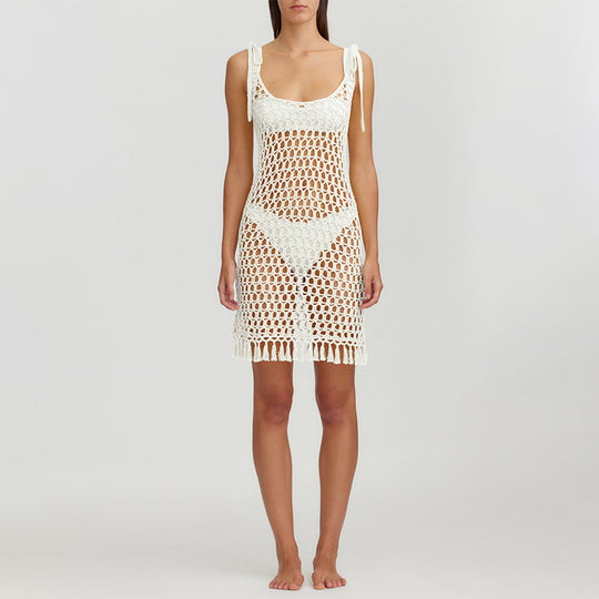 Damen transparenter Häkel-Strandüberwurf mit fransen R&B