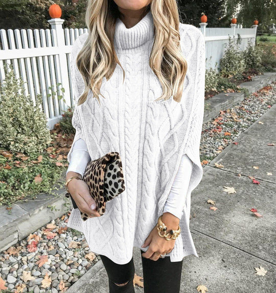 Damen Strickponcho mit hohem Kragen und dekorativem Zopfmuster R&B