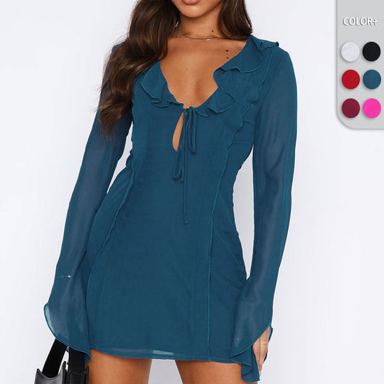 Damen Kleid mit Volant und tiefem V-Ausschnitt R&B