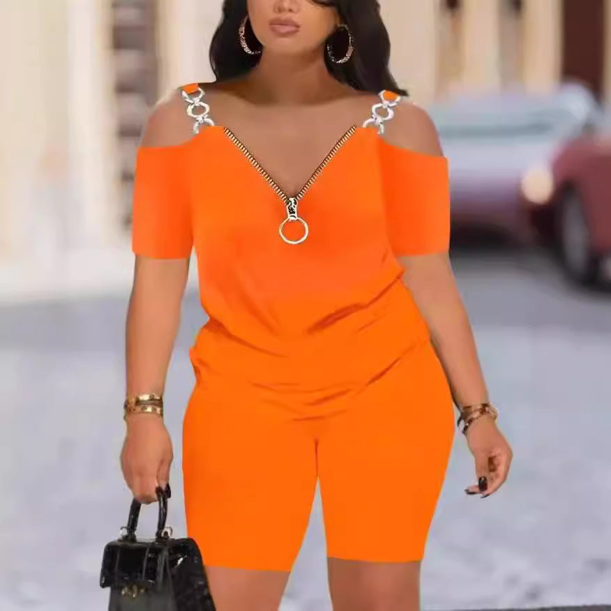 Damen Modischer Jumpsuit mit Off-Shoulder-Ausschnitt und Reißverschluss R&B
