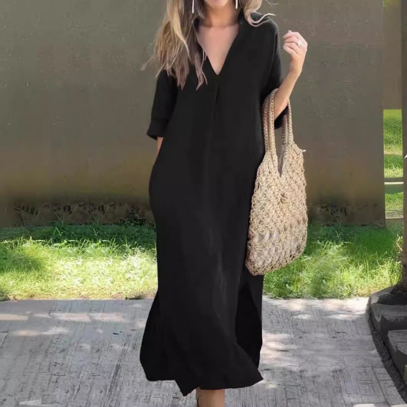 Damen Lässiges Maxikleid mit V-Ausschnitt und praktischen Seitenschlitzen R&B