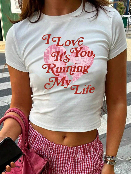 Damen Crop-Top mit kreativem Grafikdesign und modernem Schriftzug R&B