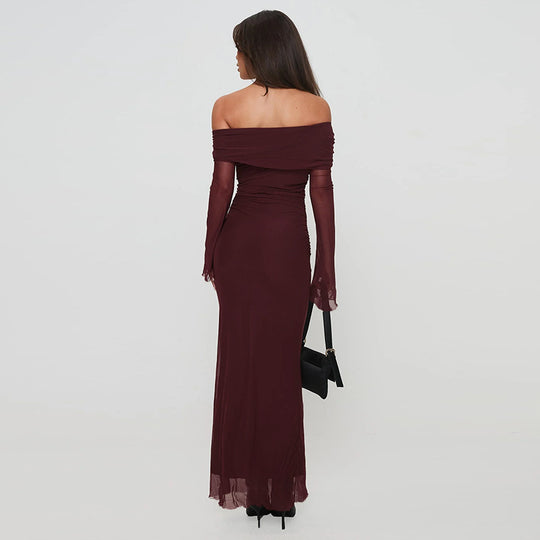 Damen figurbetontes Maxikleid mit schulterfreiem Design und Rüschendetails R&B