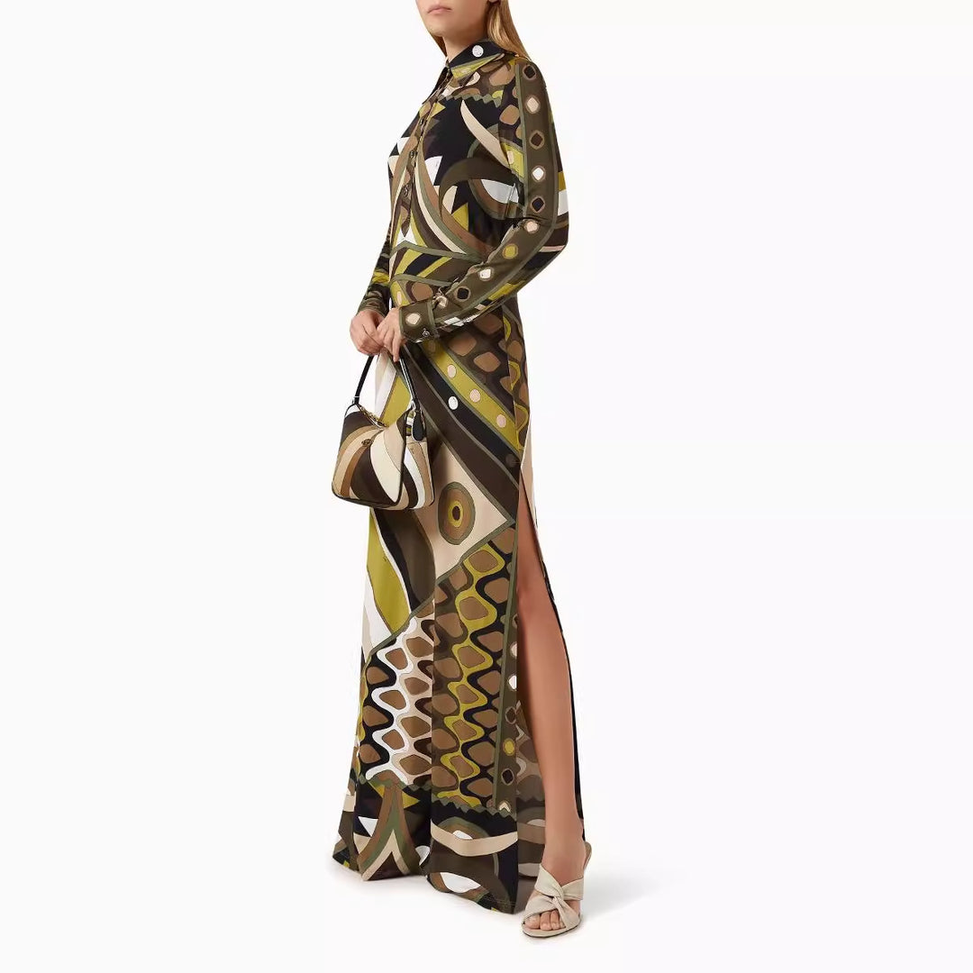 Damen Maxikleid mit geometrischem Muster und Knopfdetails R&B