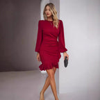 Damen elegantes Wickelkleid mit Rüschen und Puffärmeln R&B
