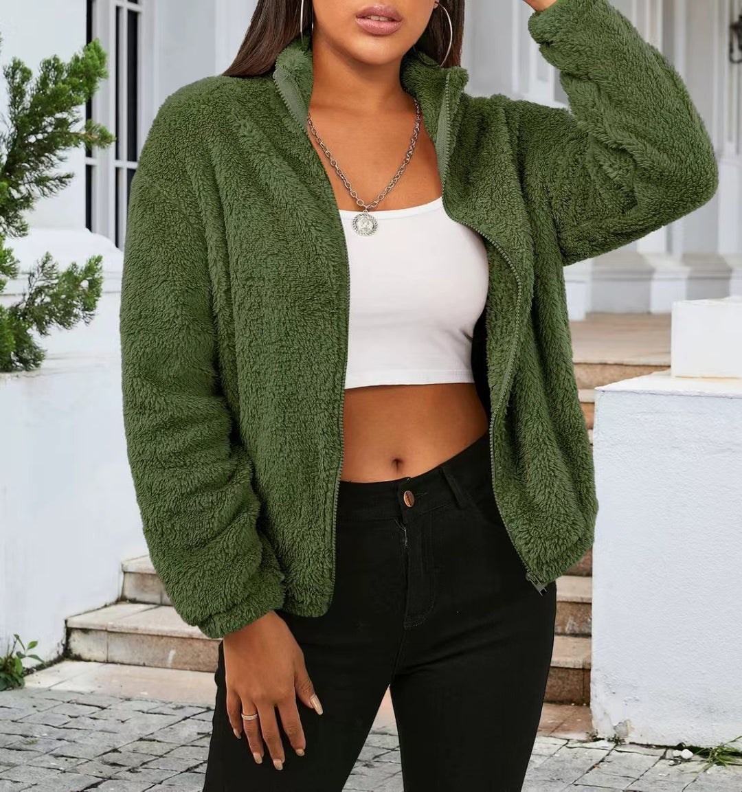 Damen Flauschige Fleecejacke mit hohem Kragen und seitlichen Taschen R&B