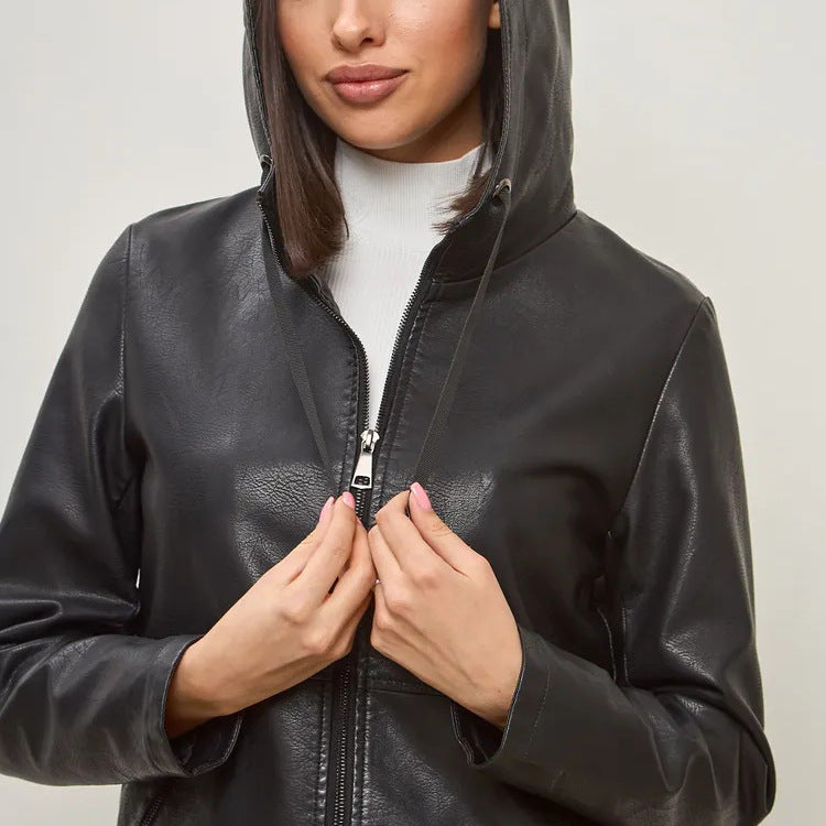 Damen modische Kunstlederjacke mit Kapuze und Reißverschlusstaschen R&B
