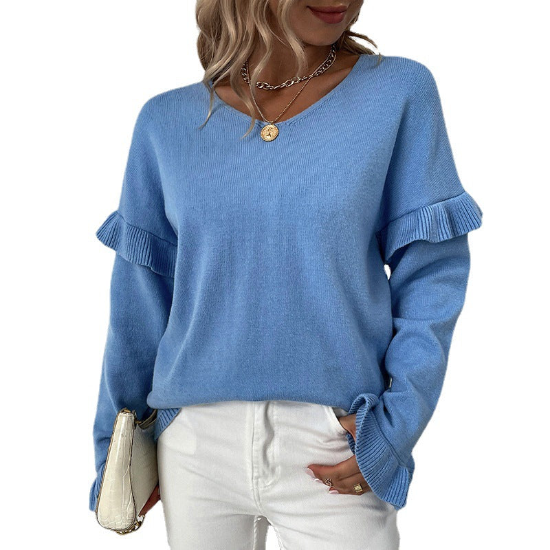 Damen eleganter Pullover mit Rüschendetails und V-Ausschnitt R&B