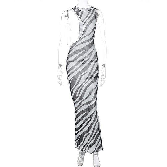 Damen Maxikleid mit asymmetrischem Schnitt und transparentem Zebra-Muster R&B