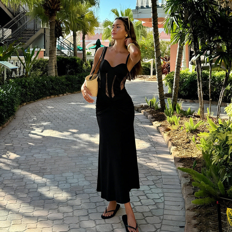 Damen Elegantes bodenlanges Kleid mit raffiniertem Spitzenoberteil und taillierten Details R&B