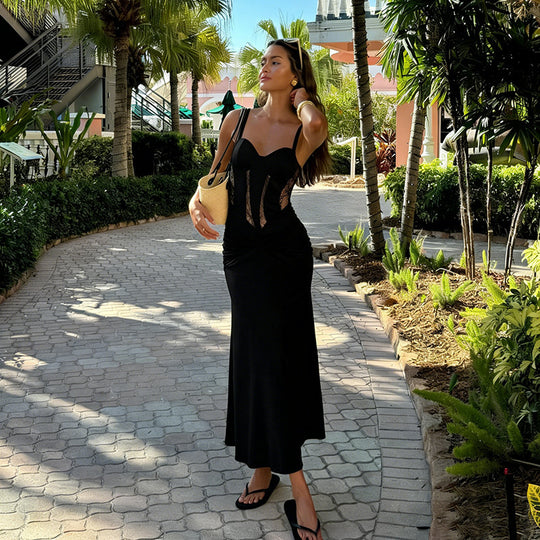 Damen Elegantes bodenlanges Kleid mit raffiniertem Spitzenoberteil und taillierten Details R&B