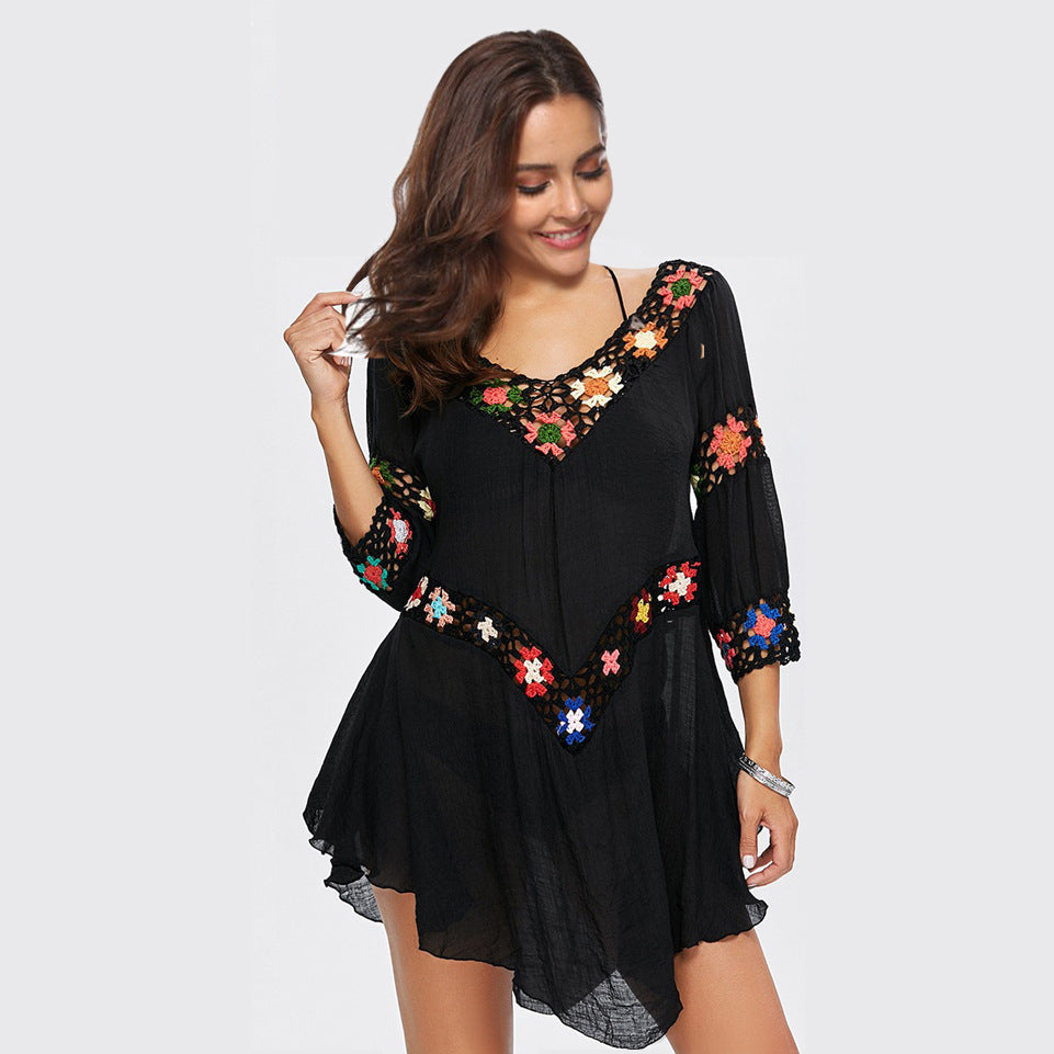 Damen Häkelbluse mit bunten Floral-Applikationen R&B