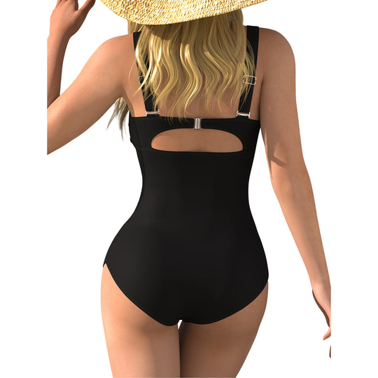 Damen einteiliger Badeanzug mit eleganter Schnürung und transparentem Einsätzen R&B