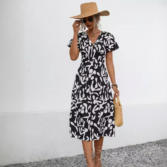 Damen Midi-Kleid mit V-Ausschnitt und fließenden Rüschendetails R&B