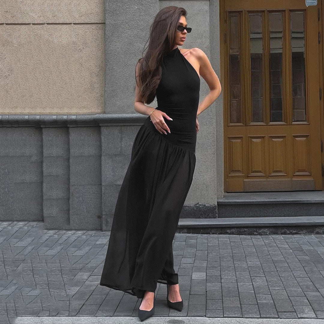 Damen Elegantes Maxikleid mit raffiniertem Halterdesign und transparentem Rock R&B