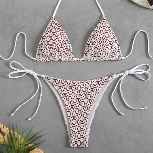 Damen Triangel-Bikini mit filigranem Blumendesign und charmanten Schleifen R&B