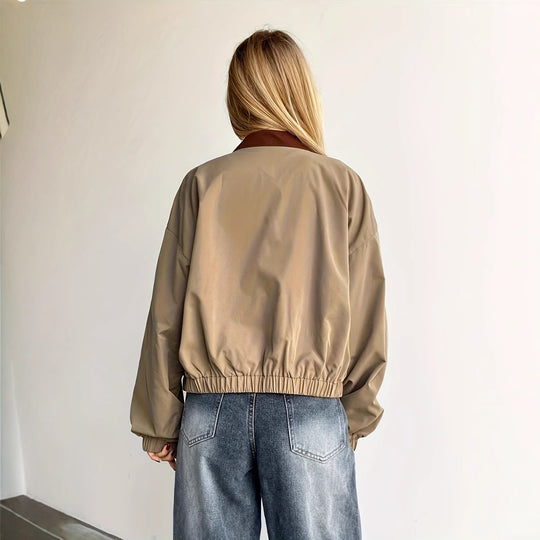 Damen Lässige Cropjacke mit weit geschnittenen Ärmeln und kontrastierendem Kragen R&B
