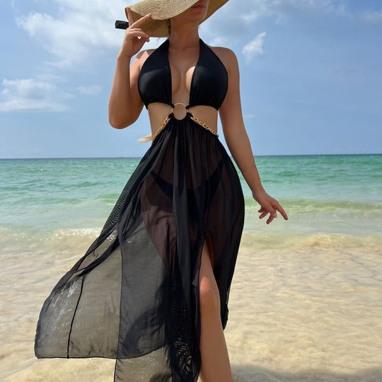 Damen Transparenter Strandüberwurf mit modischen Akzenten R&B