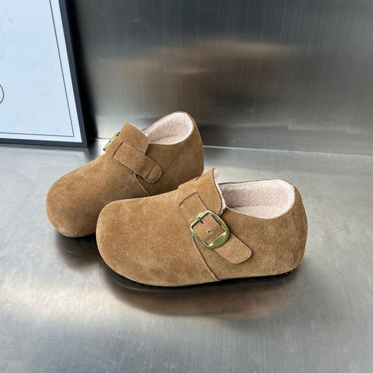 Damen Komfortable Wildleder-Clogs mit luxuriösem Fleece-Innenfutter und modischer Schnallenverzierung R&B