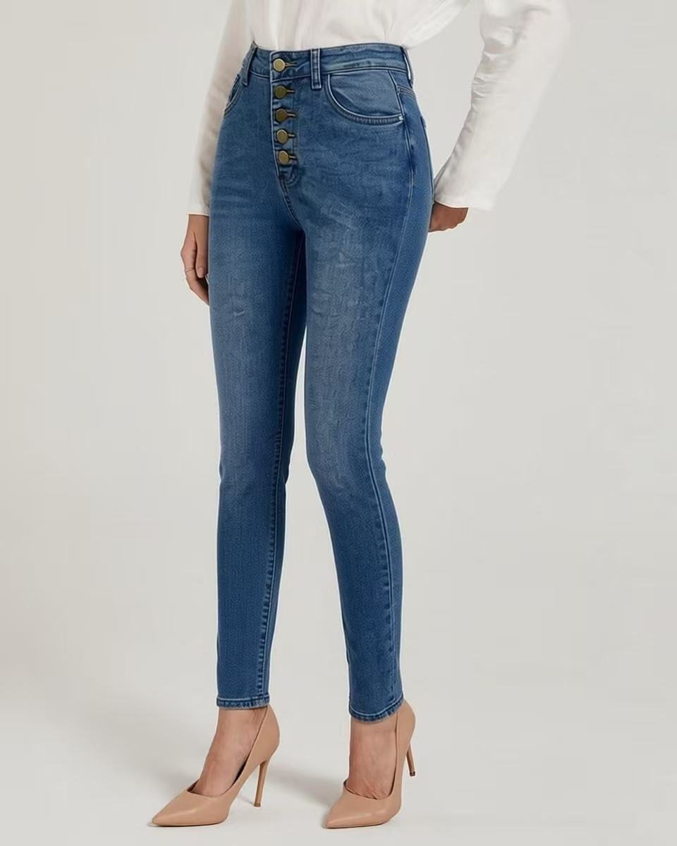 Damen Slim-Fit Jeans mit eleganter Knopfleiste und hohem Bund R&B
