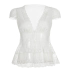 Damen Spitzenbluse mit Rüschendetails und tiefem V-Ausschnitt R&B