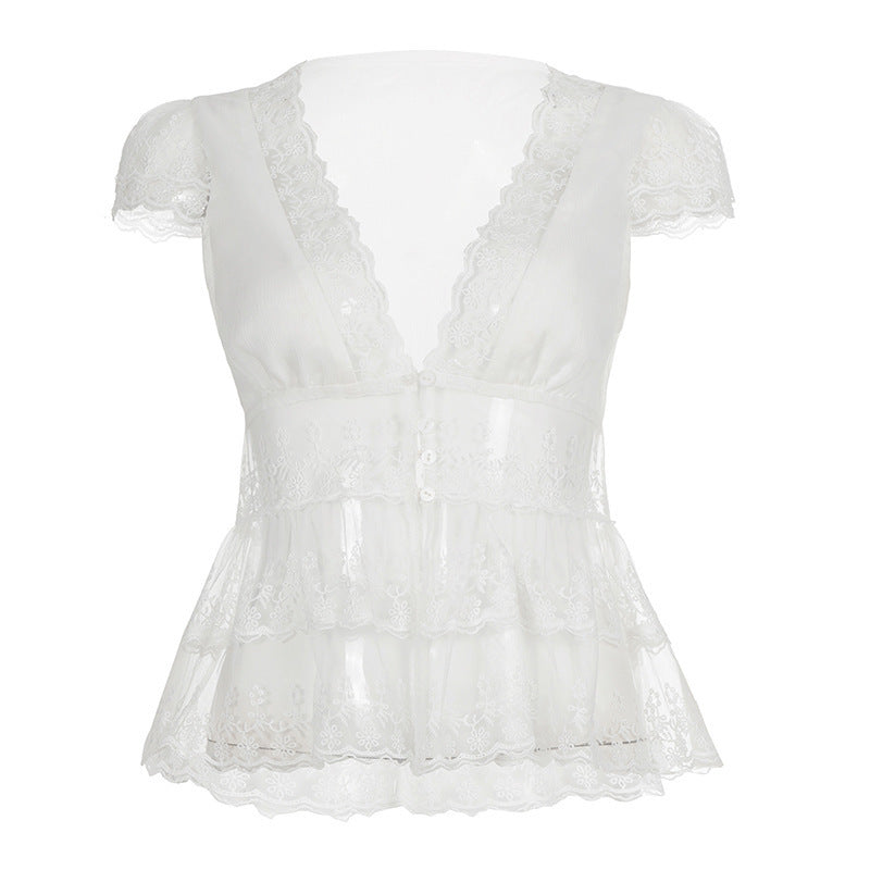 Damen Spitzenbluse mit Rüschendetails und tiefem V-Ausschnitt R&B