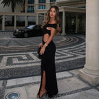 Damen elegantes Off-Shoulder Maxikleid mit hohem Schlitz und figurbetontem Schnitt R&B