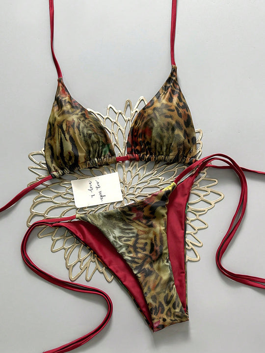 Damen Triangel-Bikini-Set mit verstellbaren Bindebändern und animalischem Design R&B