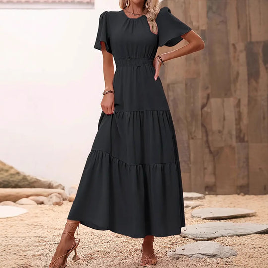 Damen Maxikleid mit raffiniertem Taillenbund und fließendem Rock R&B
