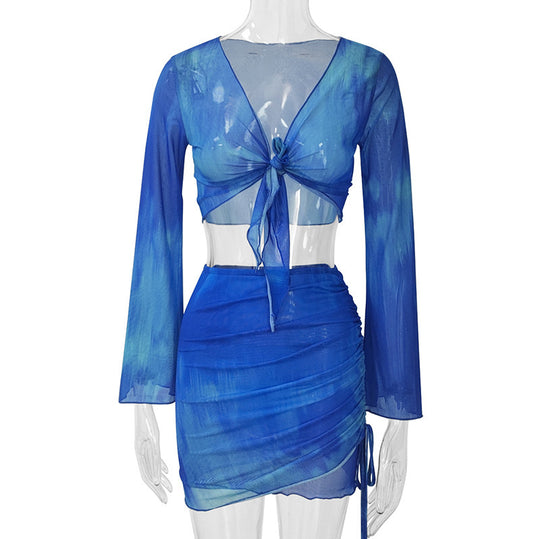 Damen lässiges Crop-Top mit asymmetrischem Rock und langen Ärmeln R&B