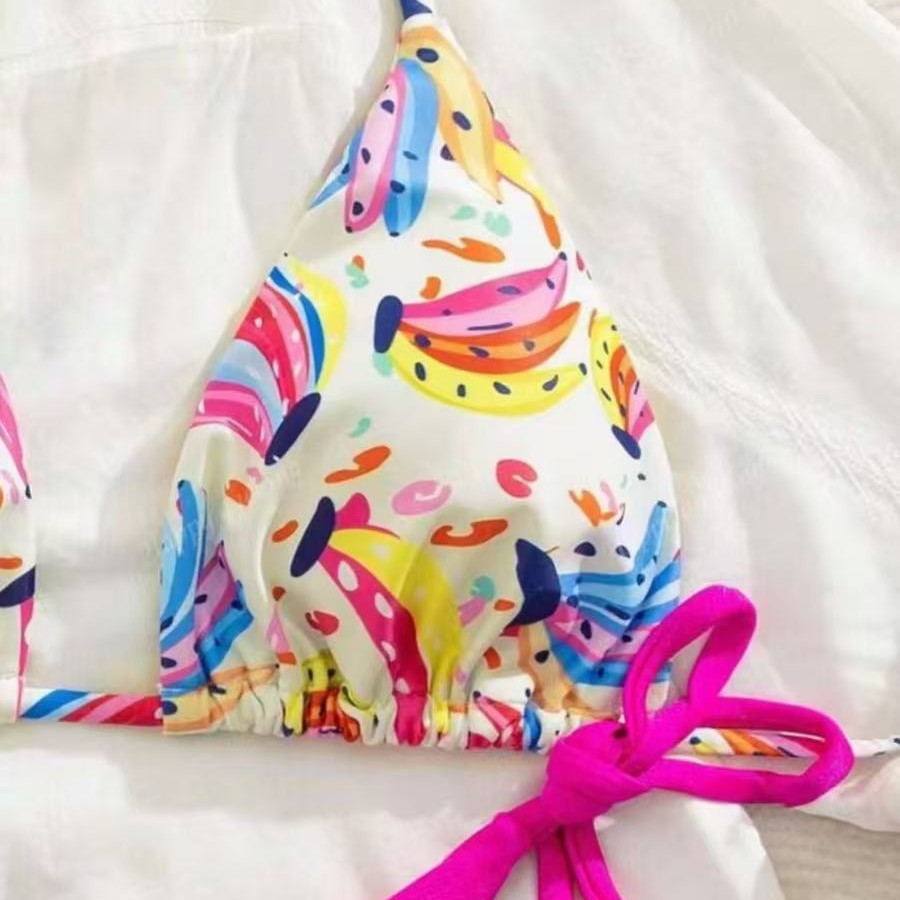 Damen Bikini-Set mit buntem Obstmuster und seitlichem Knoten R&B