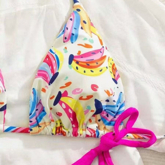 Damen Bikini-Set mit buntem Obstmuster und seitlichem Knoten R&B