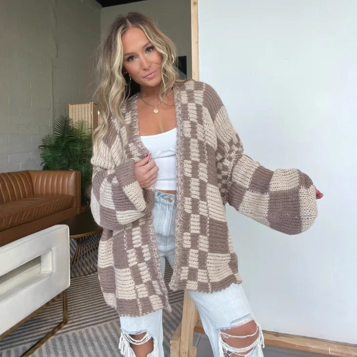 Damen lässiger Strickcardigan mit Karomuster und oversized Schnitt R&B