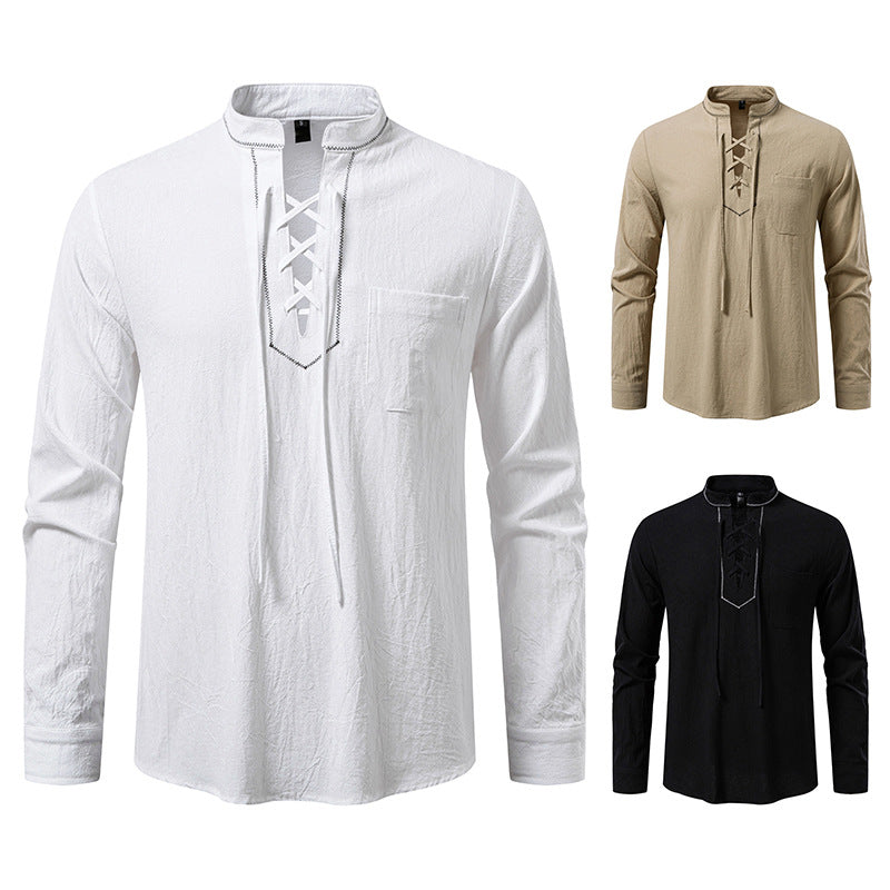 Herren Langarmshirt mit hochwertigem Stehkragen und dekorativer Schnürung R&B