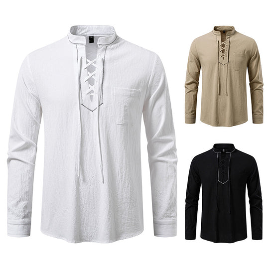 Herren Langarmshirt mit hochwertigem Stehkragen und dekorativer Schnürung R&B