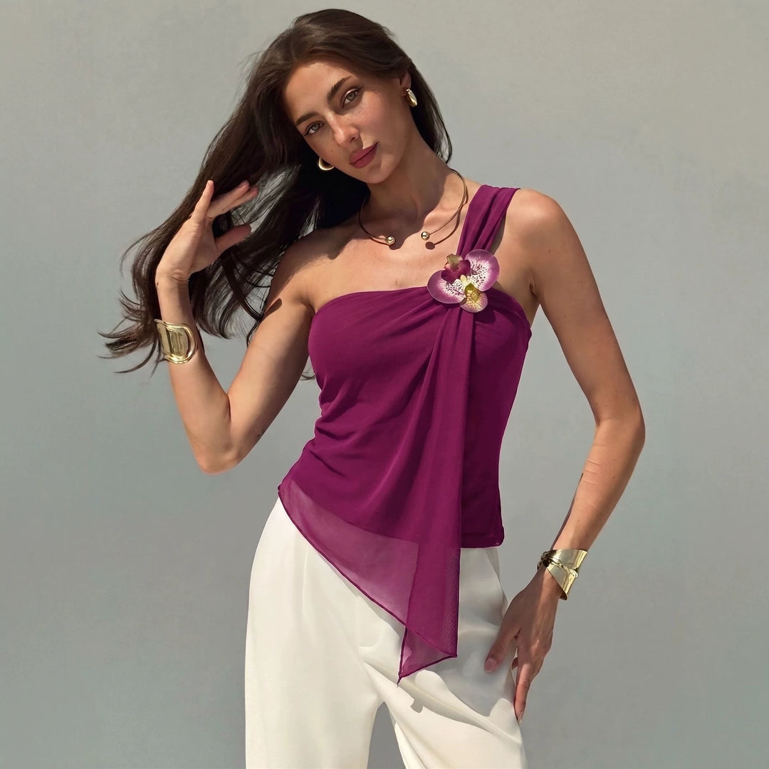 Damen nan asymmetrisches Einschulter-Chiffon-Oberteil mit Drapierung und Zierbrosche R&B