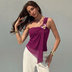 Damen nan asymmetrisches Einschulter-Chiffon-Oberteil mit Drapierung und Zierbrosche R&B