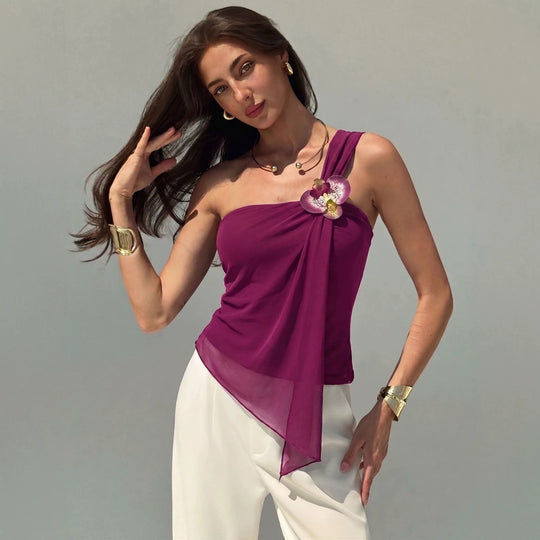 Damen nan asymmetrisches Einschulter-Chiffon-Oberteil mit Drapierung und Zierbrosche R&B