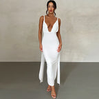 Damen Maxikleid mit tiefem V-Ausschnitt und seitlichem Schlitz R&B