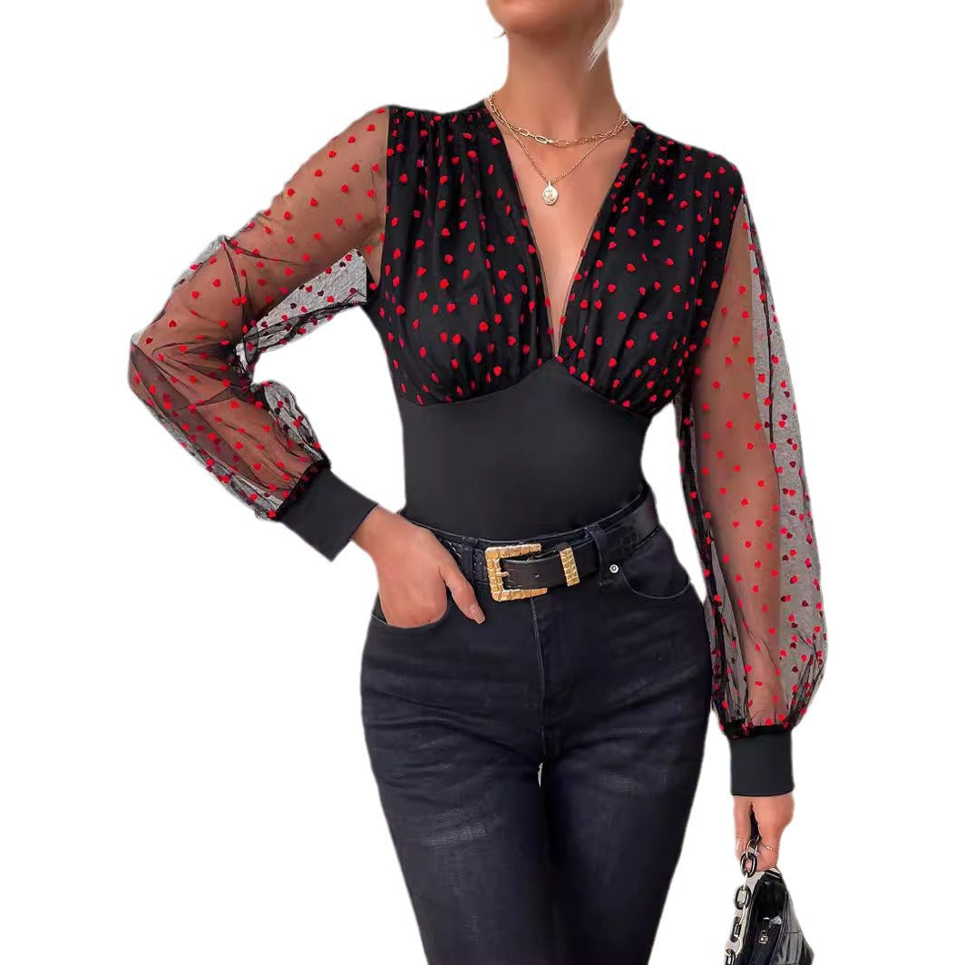 Damen Elegantes Bodysuit mit transparenten Ärmeln und Tupfen-Design R&B