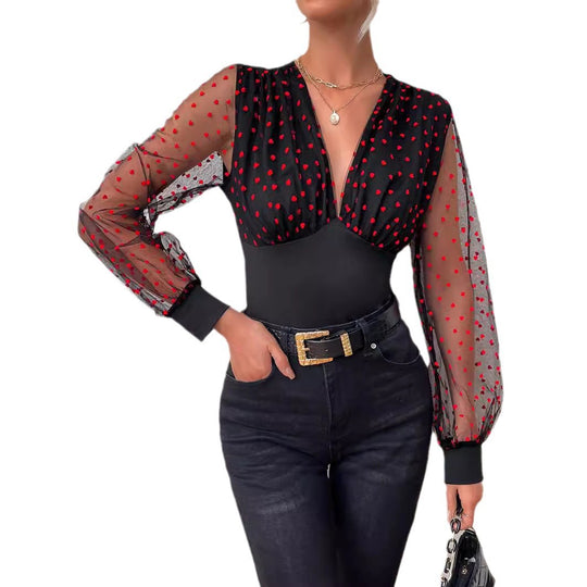 Damen Elegantes Bodysuit mit transparenten Ärmeln und Tupfen-Design R&B