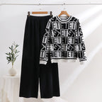 Damen lässiges Strick-Loungewear-Set mit grafischem Muster und weitem Schnitt R&B