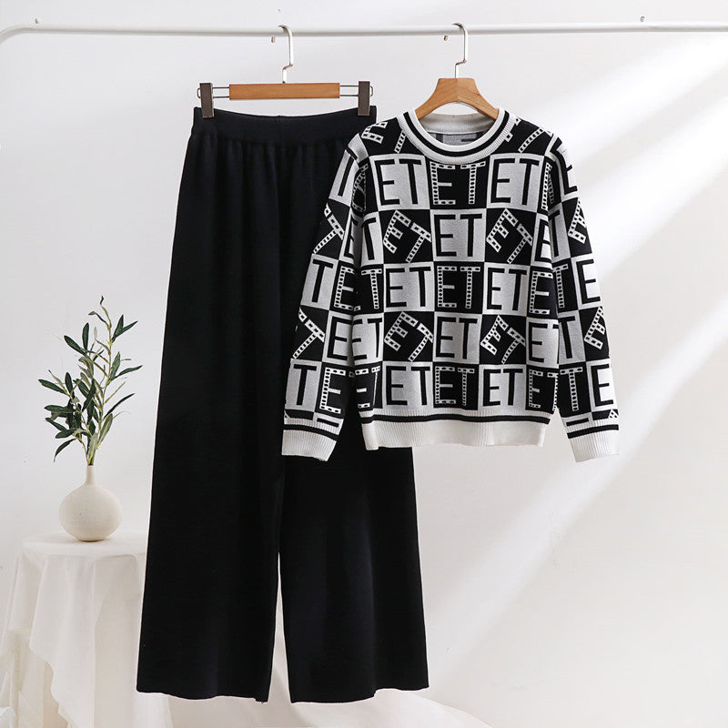 Damen lässiges Strick-Loungewear-Set mit grafischem Muster und weitem Schnitt R&B