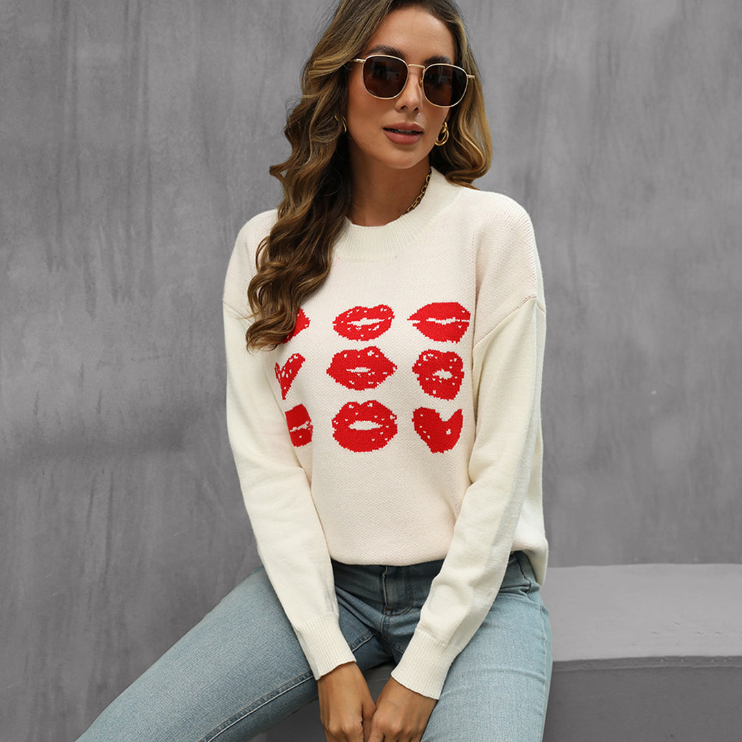 Damen Strickpullover mit glitzerndem Lippen-Motiv R&B