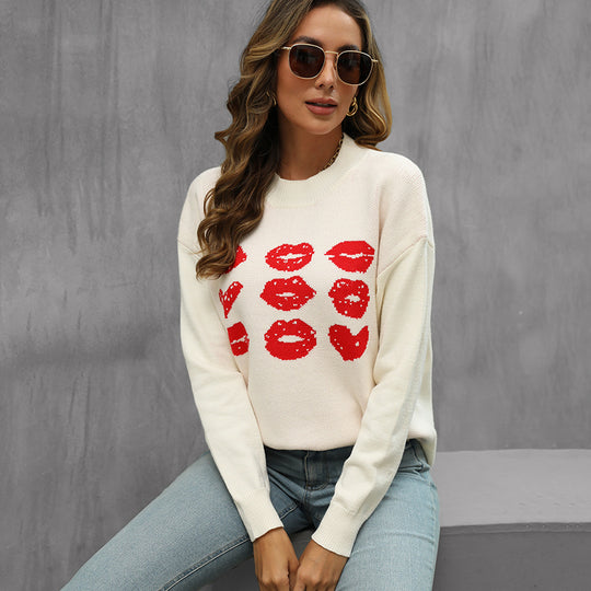 Damen Strickpullover mit glitzerndem Lippen-Motiv R&B