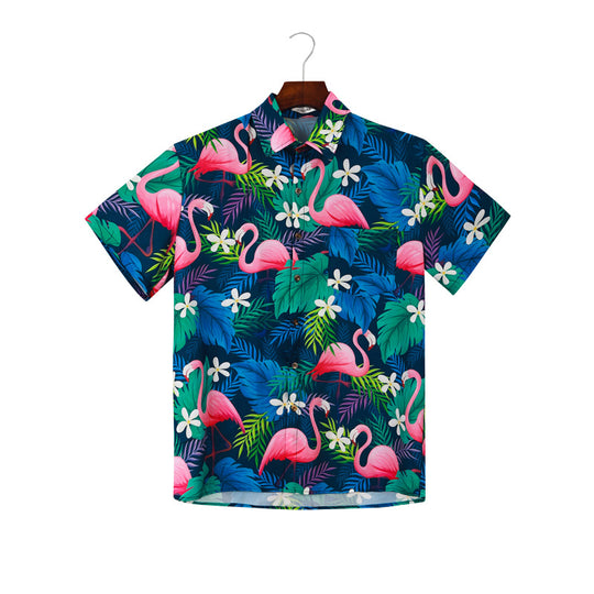 Herren Kurzarmhemd mit lebendigem Flamingo-Muster und atmungsaktiver Baumwolle R&B