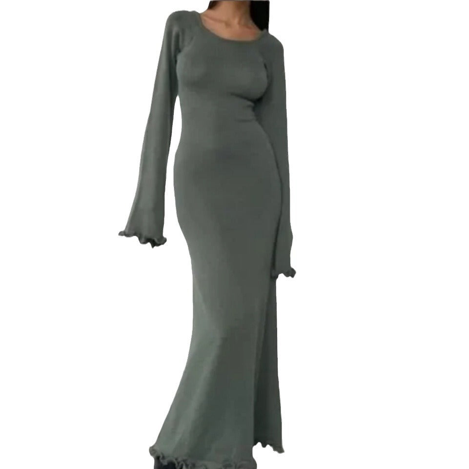 Damen Elegantes Maxikleid mit raffiniertem Rippdesign und fransigen Ärmeln R&B